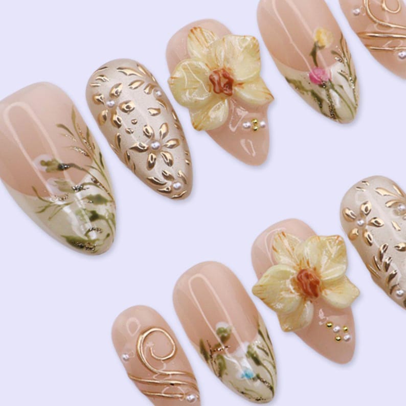 Luxury gold foil 3D floral press on nails, nude base hand-painted flower fake nails, reusable almond press-ons for bridesmaid and special occasions