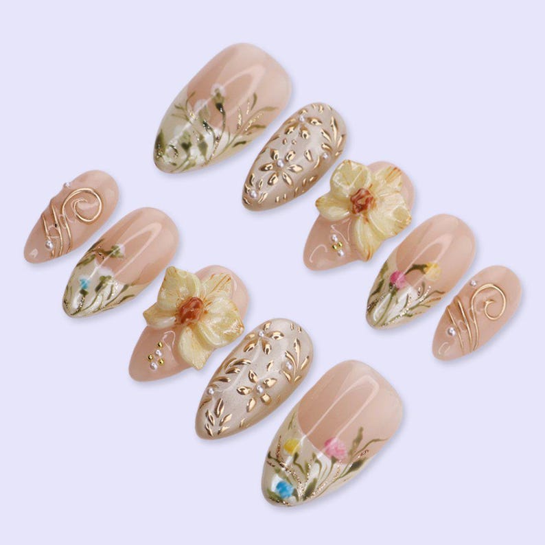 Handmade 3D flower press on nails with pearl embellishments, gold foil almond fake nails, JR NAILS reusable press-ons for salon-worthy manicure