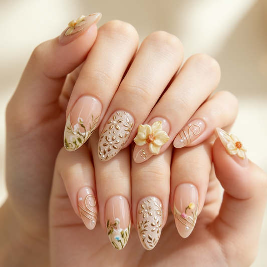 Handmade 3D floral press on nails with gold foil, luxury nude almond fake nails for women, reusable flower press-ons for wedding and daily wear