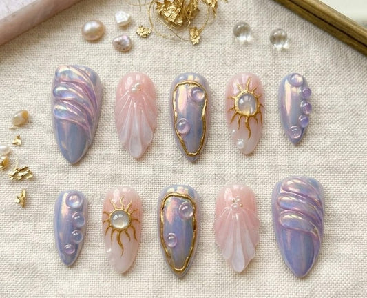 Handmade 3D mermaid press on nails, iridescent pink purple almond fake nails with gold foil, JR NAILS reusable luxury press-ons