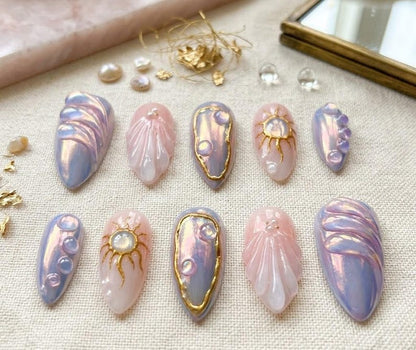Luxury 3D aurora mermaid press on nails, iridescent almond fake nails with bubble and sun motifs, reusable press-ons for salon manicure at home