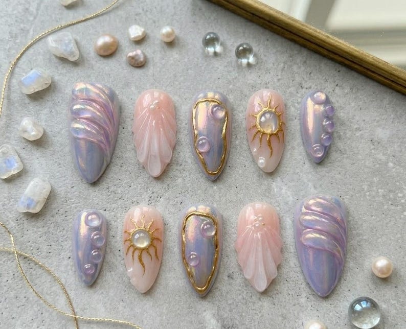 JR NAILS handcrafted iridescent press on nails, 3D aurora almond fake nails with gold foil, reusable mermaid press-ons for special occasions