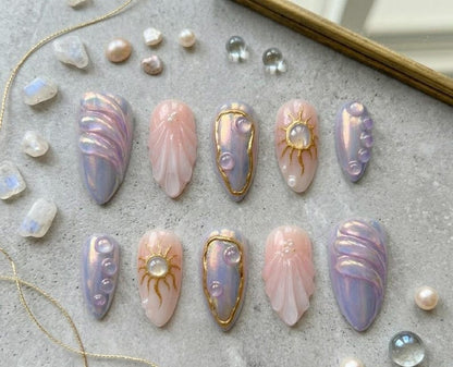 JR NAILS handcrafted iridescent press on nails, 3D aurora almond fake nails with gold foil, reusable mermaid press-ons for special occasions