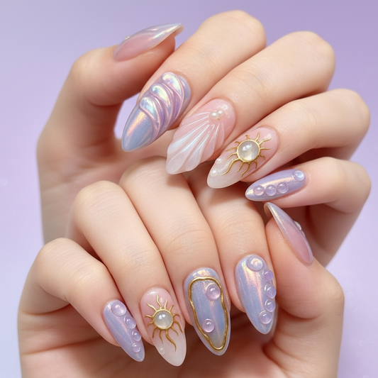 JR NAILS handmade 3D aurora press on nails, luxury iridescent almond fake nails with gold foil, reusable mermaid press-ons for women