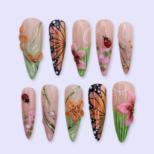 Handmade 3D butterfly press on nails, long stiletto fake nails with flower and ladybug accents, JR NAILS reusable press-ons for women