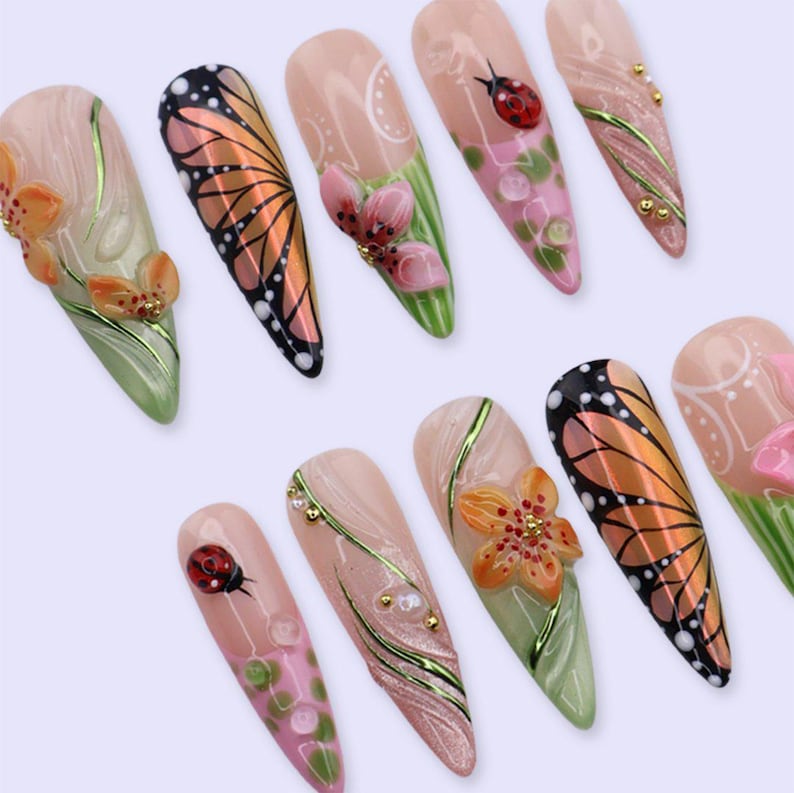 Luxury summer garden press on nails, 3D butterfly flower long stiletto fake nails, reusable hand-painted press-ons for festivals and vacations