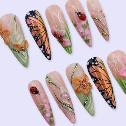 Luxury summer garden press on nails, 3D butterfly flower long stiletto fake nails, reusable hand-painted press-ons for festivals and vacations