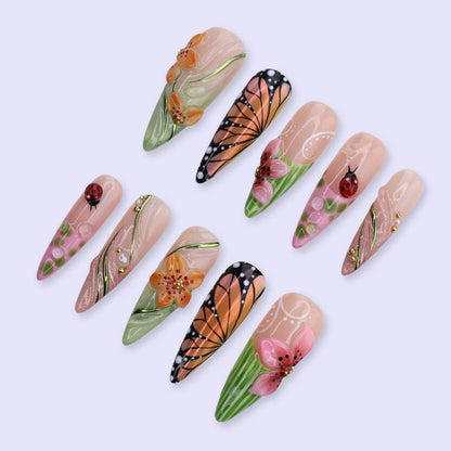 JR NAILS handcrafted 3D ladybug flower press on nails, long stiletto fake nails with butterfly design, premium reusable press-ons for salon manicure at home