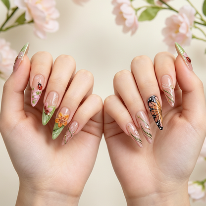 JR NAILS handmade 3D butterfly flower press on nails, luxury long stiletto fake nails with ladybug design, reusable garden-themed press-ons for summer