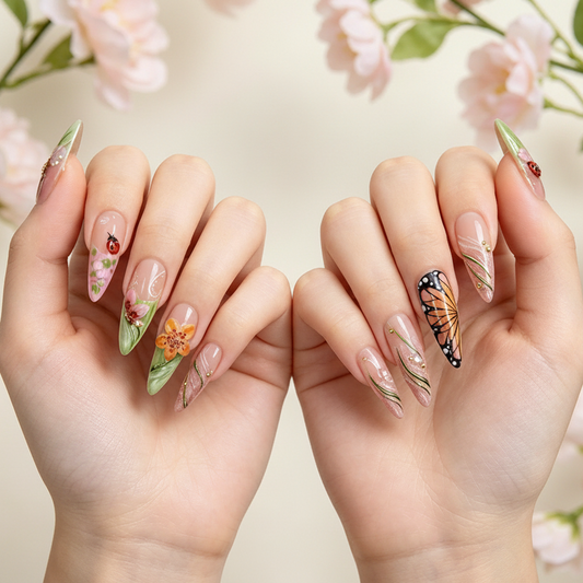 JR NAILS handmade 3D butterfly flower press on nails, luxury long stiletto fake nails with ladybug design, reusable garden-themed press-ons for summer