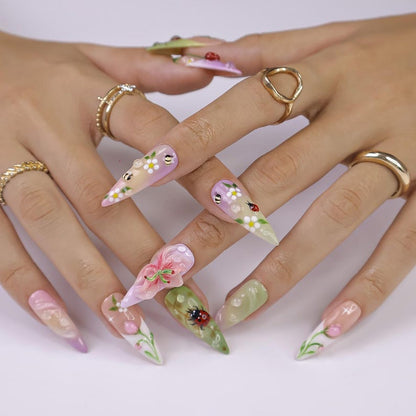 Handmade 3D ladybug bee press on nails, cute spring floral long almond fake nails, JR NAILS reusable garden press-ons for women