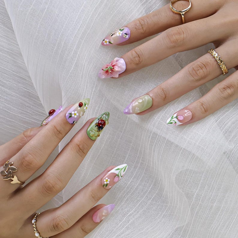 Cute spring summer garden press on nails, 3D floral ladybug long almond fake nails, reusable hand-painted press-ons for daily wear