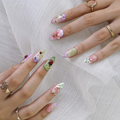 Cute spring summer garden press on nails, 3D floral ladybug long almond fake nails, reusable hand-painted press-ons for daily wear