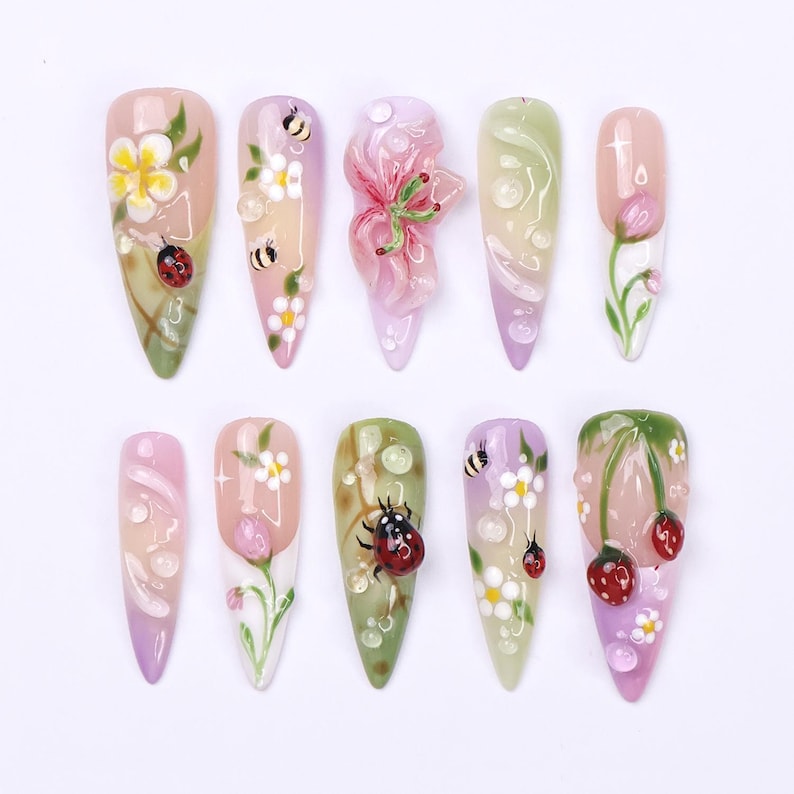 JR NAILS handcrafted 3D garden press on nails, long almond fake nails with ladybug, bee and strawberry design, premium reusable press-ons for salon manicure at home