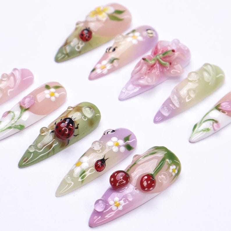 Hand-painted 3D spring garden press on nails, cute floral long almond fake nails, reusable press-ons for women, JR NAILS nail art