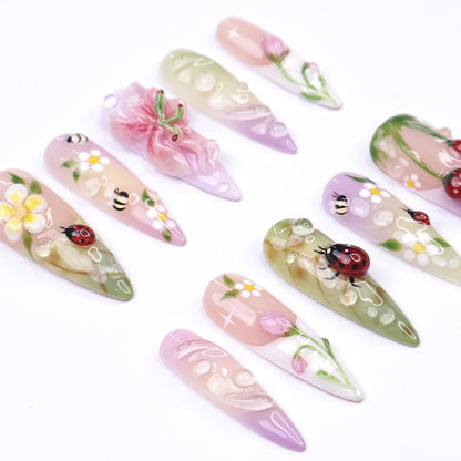 JR NAILS cute 3D spring press on nails, long almond fake nails with floral, ladybug and bee motifs, reusable garden press-ons for spring summer style