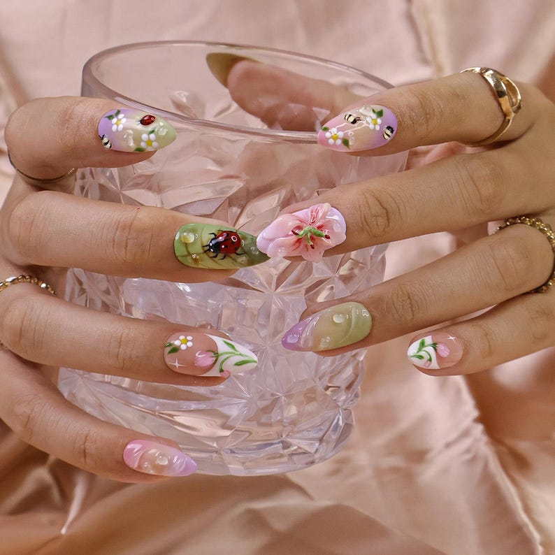 JR NAILS handmade 3D spring garden press on nails, cute ladybug bee long almond fake nails, reusable floral fruit press-ons for women