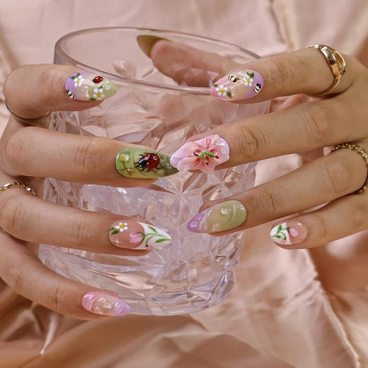 JR NAILS handmade 3D spring garden press on nails, cute ladybug bee long almond fake nails, reusable floral fruit press-ons for women