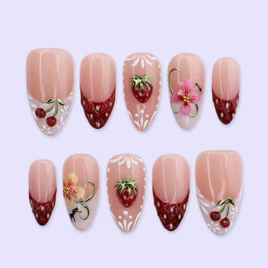 Handmade 3D strawberry cherry press on nails, cute almond fake nails with floral details, JR NAILS reusable press-ons for women