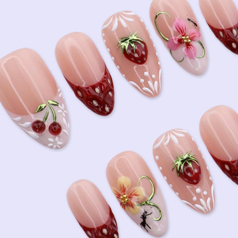 Cute spring summer fruit press on nails, 3D strawberry cherry almond fake nails, reusable hand-painted press-ons for daily wear