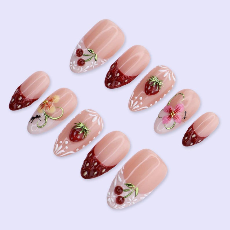 JR NAILS handcrafted 3D fruit press on nails, almond fake nails with strawberry cherry design, premium reusable press-ons for salon manicure at home