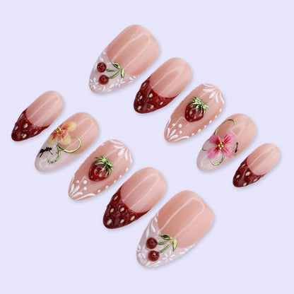 JR NAILS handcrafted 3D fruit press on nails, almond fake nails with strawberry cherry design, premium reusable press-ons for salon manicure at home