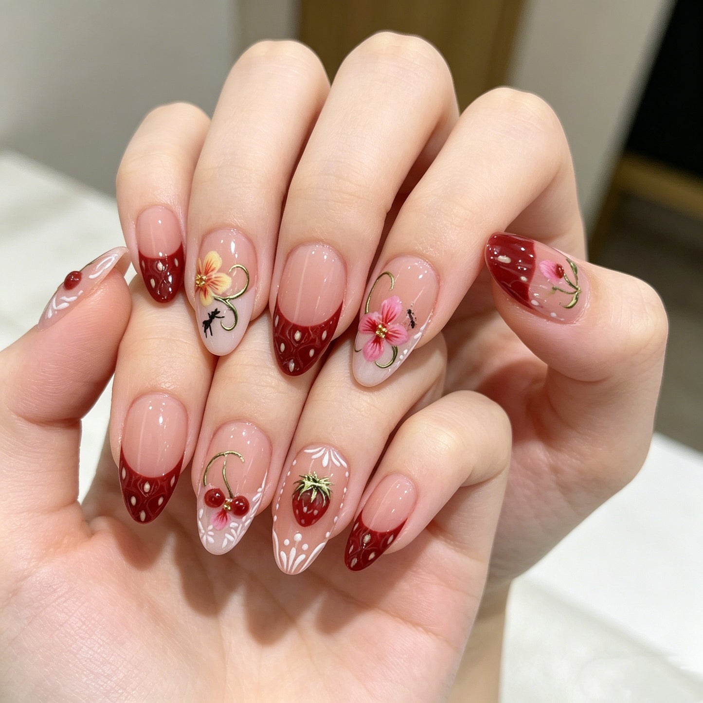 JR NAILS handmade 3D strawberry press on nails, cute cherry almond fake nails, reusable fruit garden press-ons for spring summer