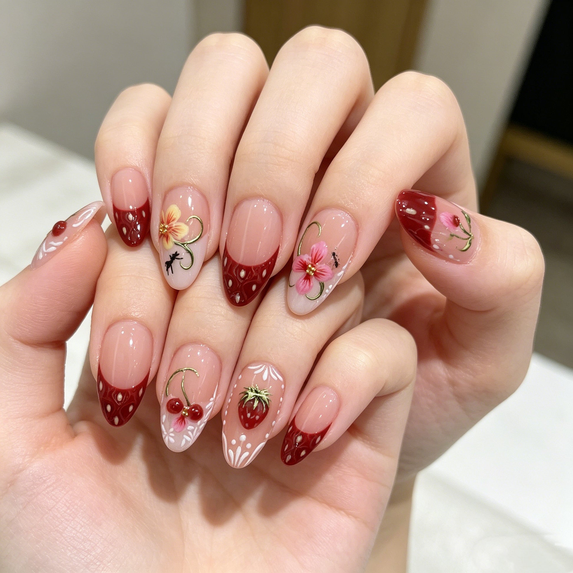 JR NAILS handmade 3D strawberry press on nails, cute cherry almond fake nails, reusable fruit garden press-ons for spring summer