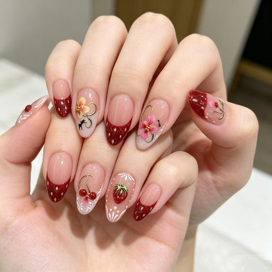 JR NAILS handmade 3D strawberry press on nails, cute cherry almond fake nails, reusable fruit garden press-ons for spring summer