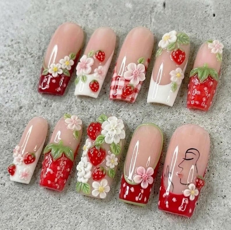 Professional salon-quality square shaped artificial nails with intricate fruit art.