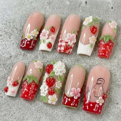 Professional salon-quality square shaped artificial nails with intricate fruit art.