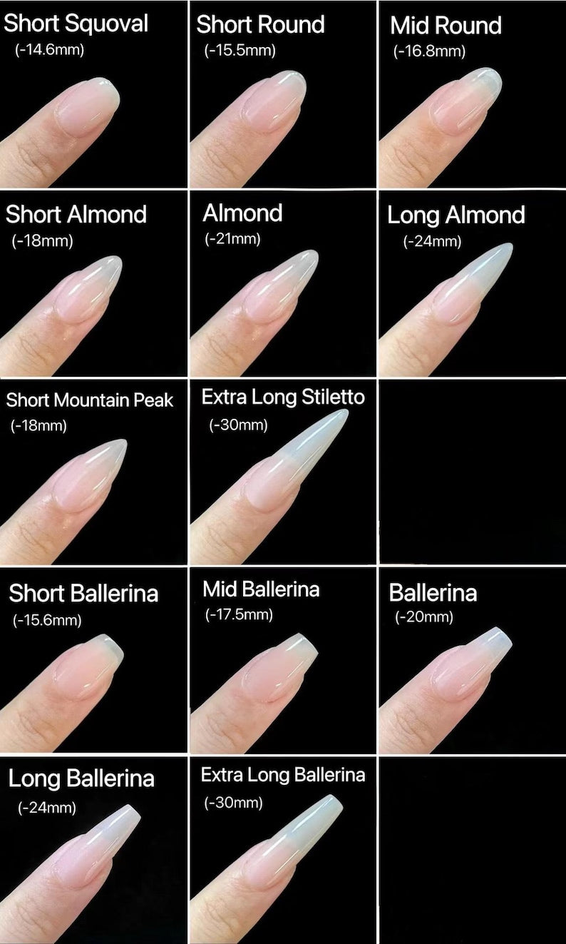 Nail tip size chart with various shapes and lengths on a black background