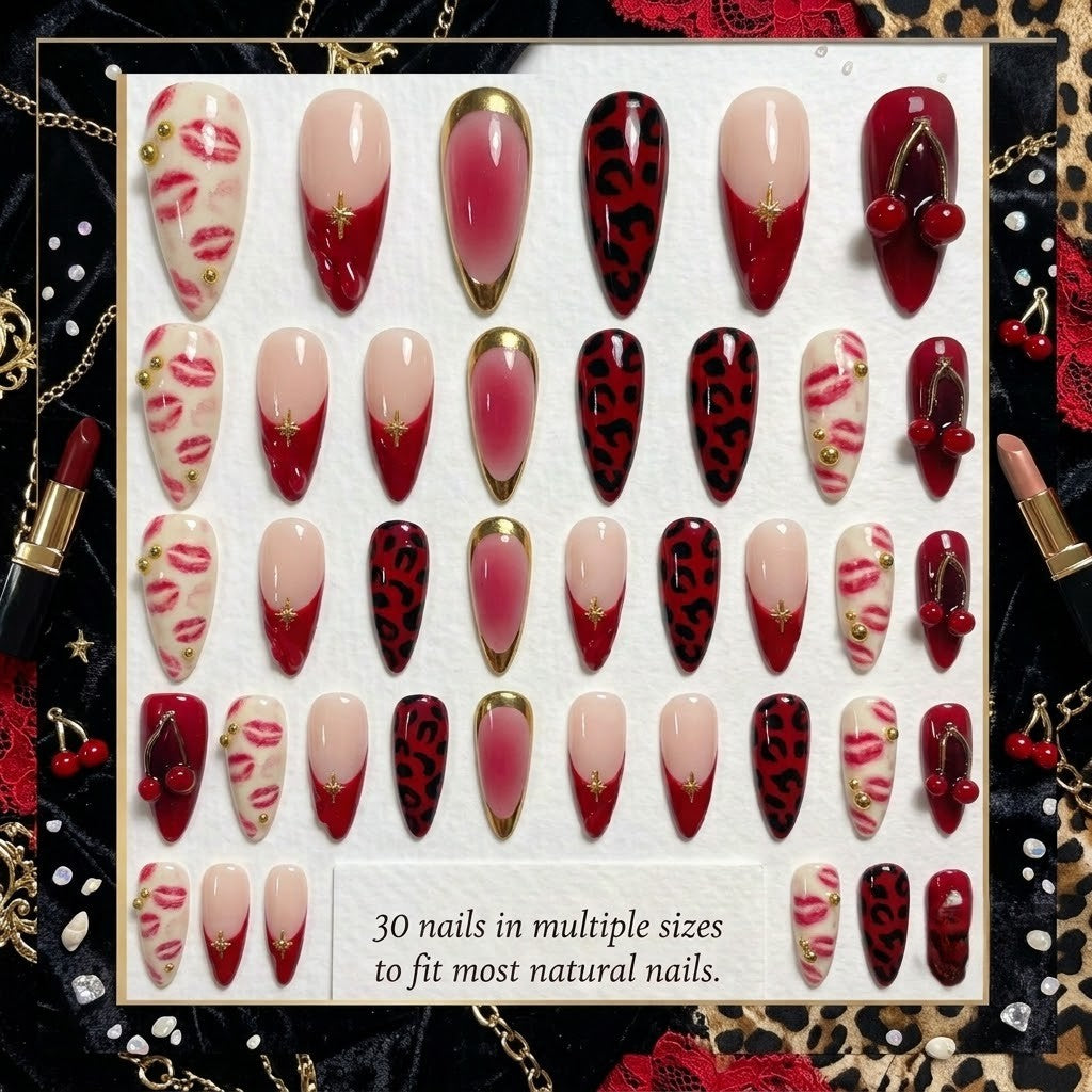 Handmade long almond press on nails featuring cherry nail art, kiss print, leopard pattern, glossy finish, and elegant red French tips. Includes 30 reusable nails in multiple sizes from JRNAIL.