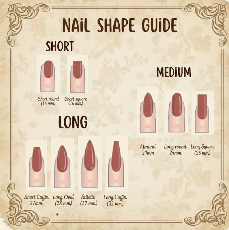 Nail shape guide with various nail shapes and measurements on a decorative background
