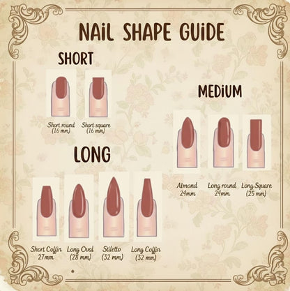 Nail shape guide with various nail shapes and measurements on a decorative background