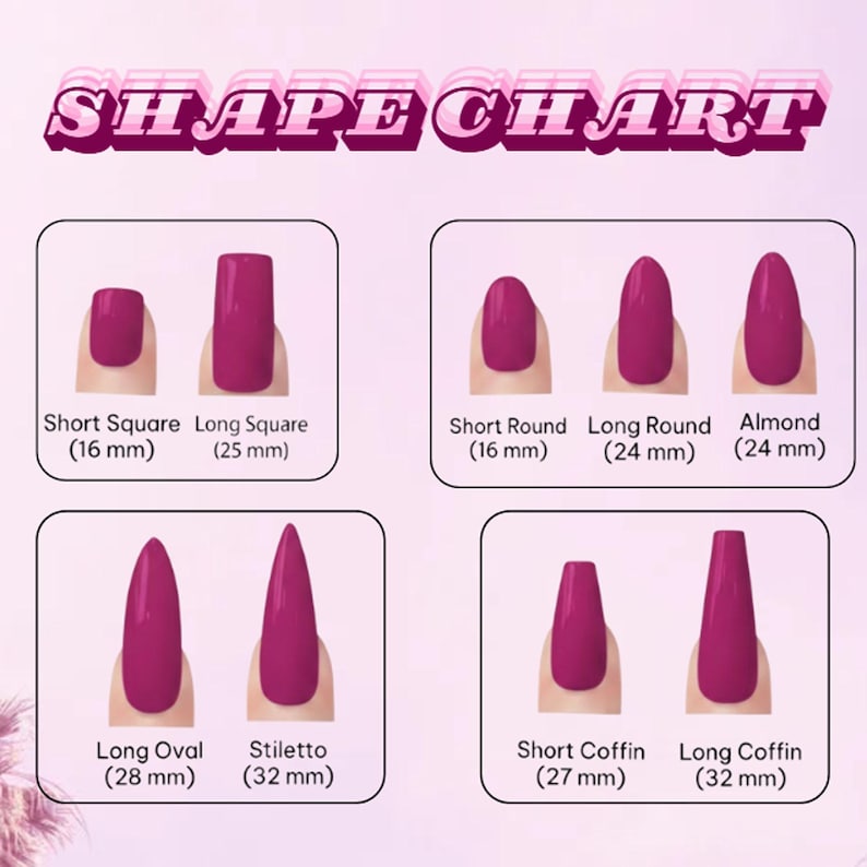 Nail shape chart with various nail shapes and their dimensions on a pink background.