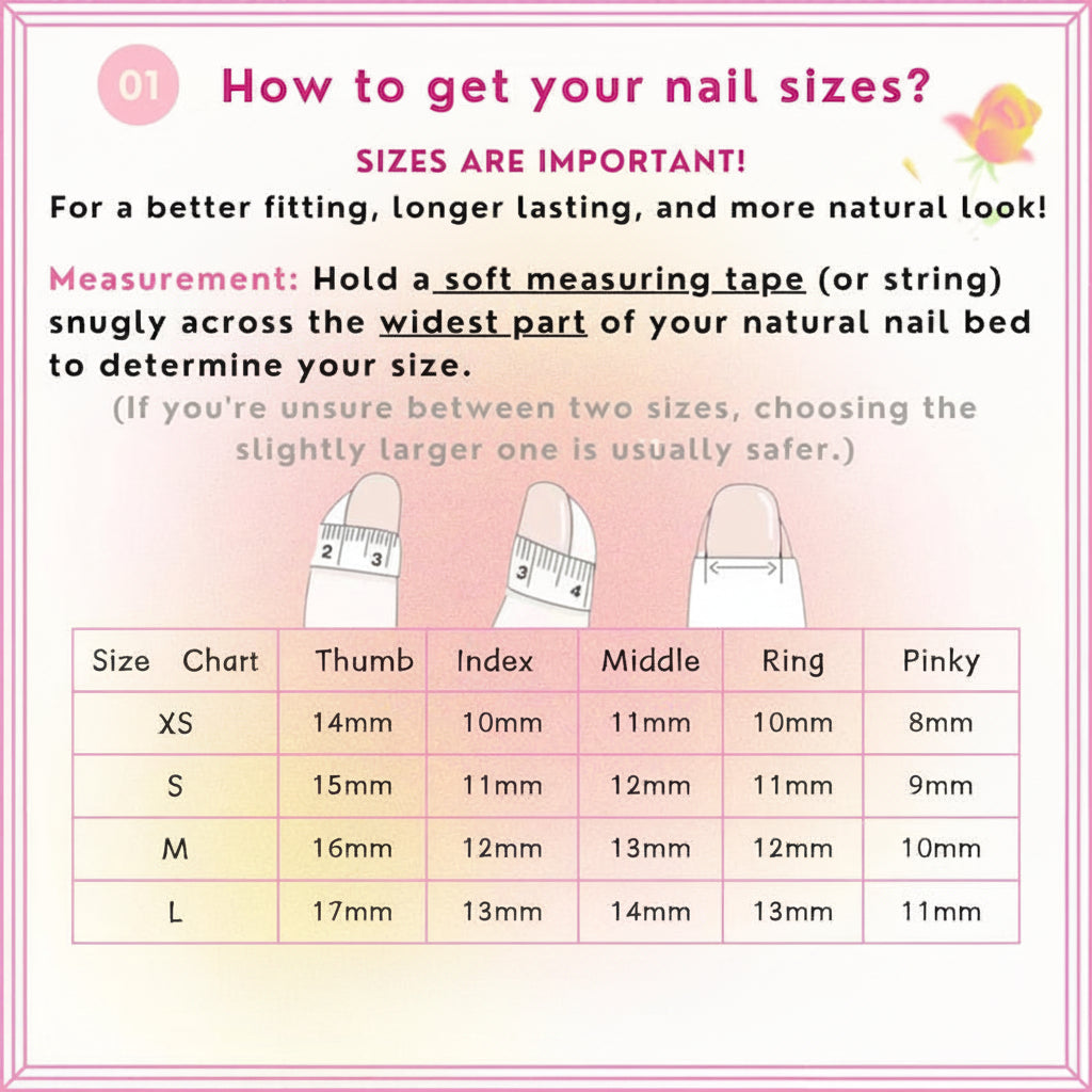 Nail size chart with measurement guide and tips on how to determine nail sizes.