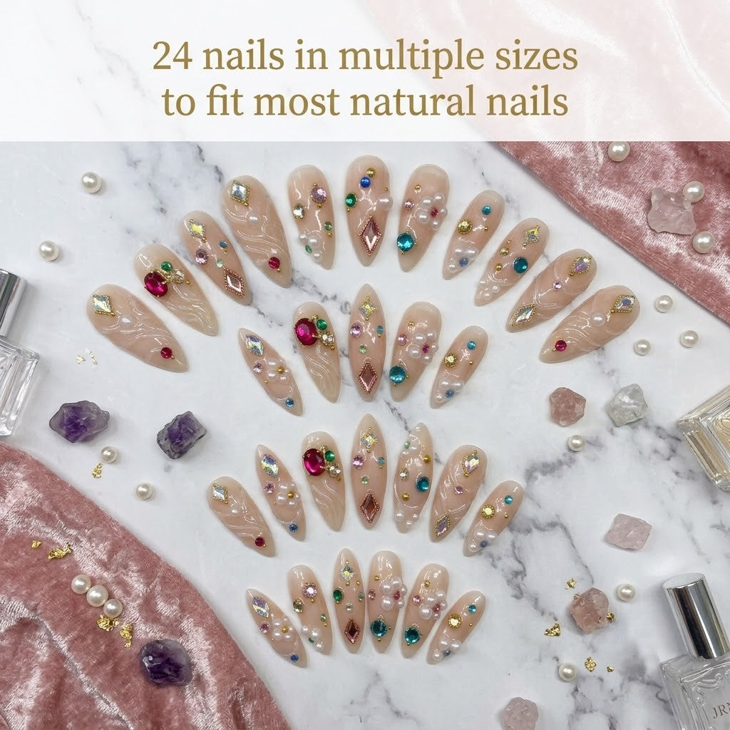 A premium 24-piece luxury press-on nail set featuring sharp stiletto tips with a sheer jelly nude base, clear 3D fluid ripples, and multi-colored gemstones, arranged beautifully in rows over a white marble surface accented with pink velvet cloth, raw crystals, and pearls under a text banner reading '24 nails in multiple sizes to fit most natural nails.