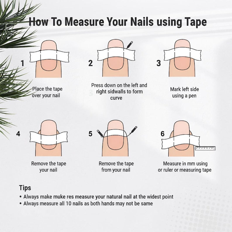 Step-by-step guide on how to measure nails using tape on a white background with text.