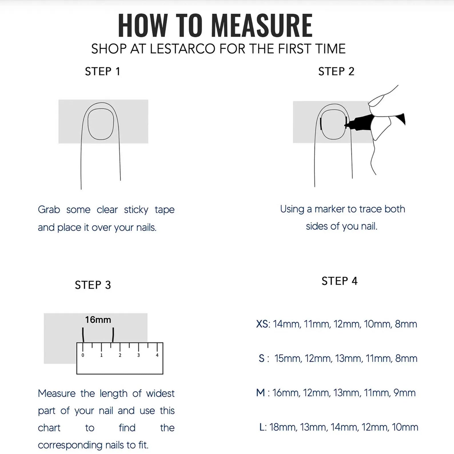 Instructions on how to measure nails using Lestarco's measurement chart.