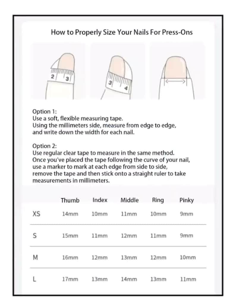 Instructions on how to properly size nails for press-ons with measurements.