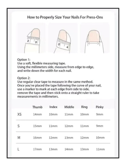 Instructions on how to properly size nails for press-ons with measurements.