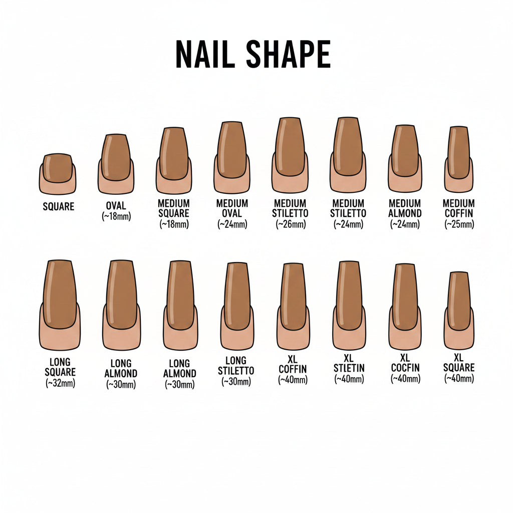 Chart showing different nail shapes with corresponding brown nail polish shades on a white background.