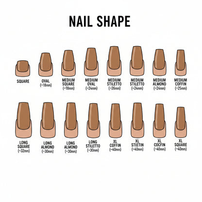 Chart showing different nail shapes with corresponding brown nail polish shades on a white background.
