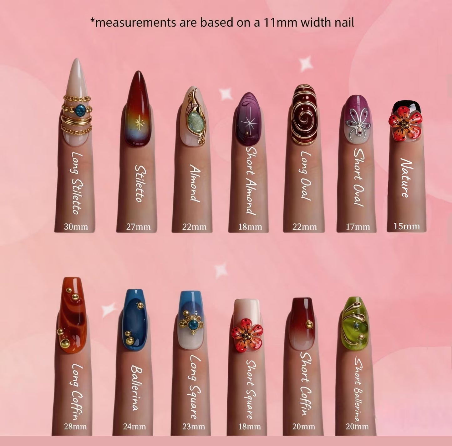 Collection of nail art designs with measurements on a pink background