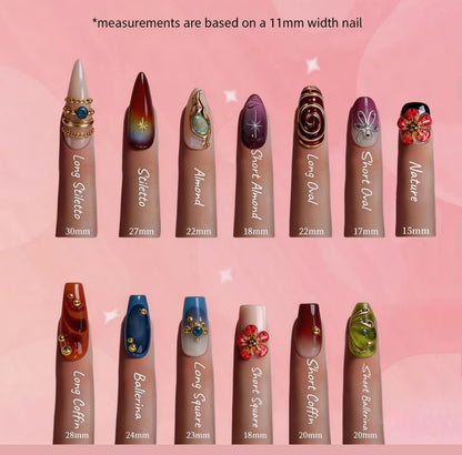 Collection of nail art designs with measurements on a pink background