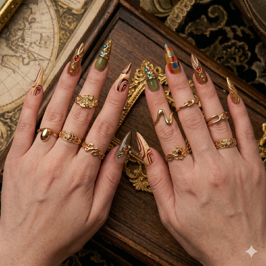 Handmade stiletto press-on nails with stained glass art and gold accents by JRNAIL.