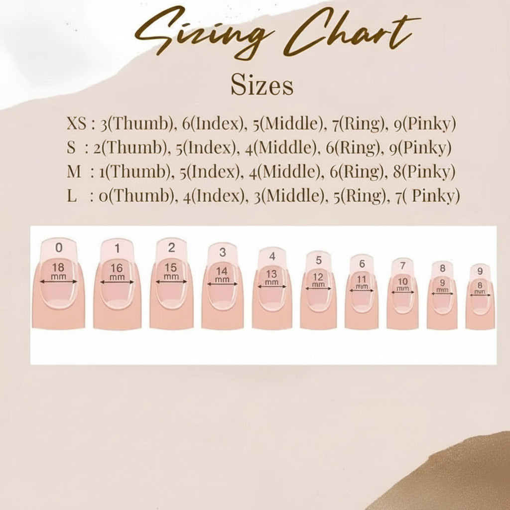 Sizing chart for nail sizes with corresponding finger names on a beige background