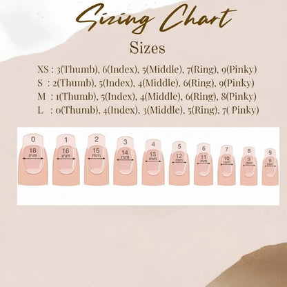Sizing chart for nail sizes with corresponding finger names on a beige background