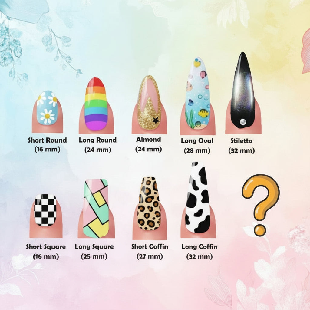 Chart of nail art studio's nail shapes and lengths with colorful nail designs.